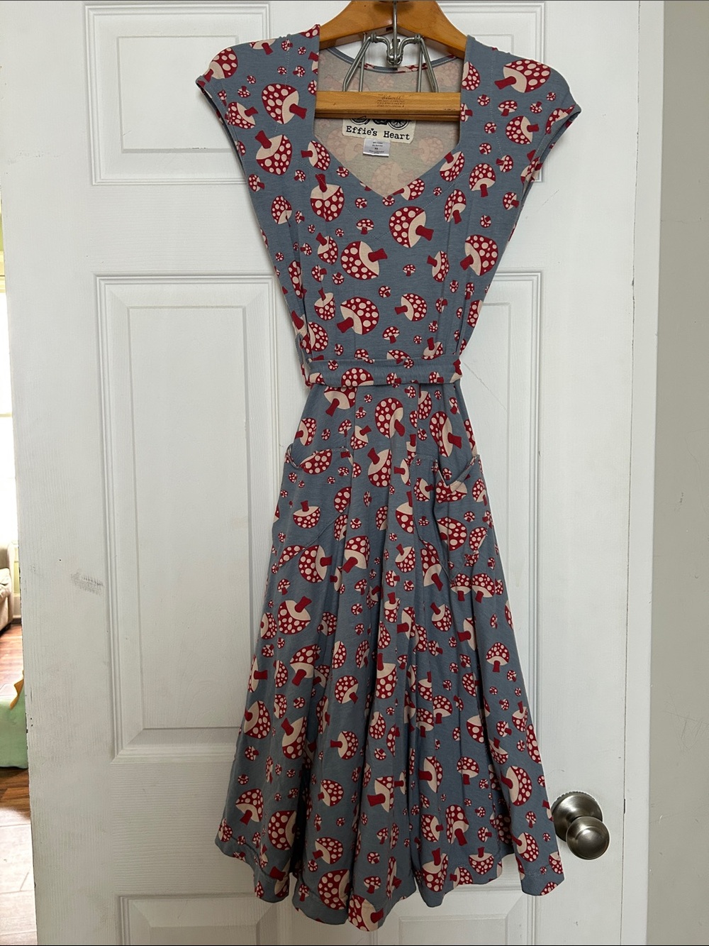 Effie's Heart Blue Dress with Red & Cream Mushroom 🍄 Print